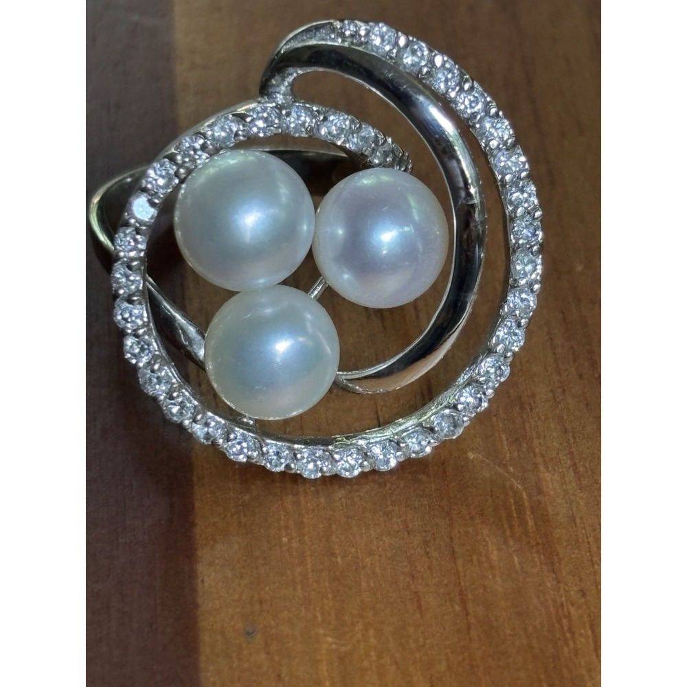 .925 Sterling Silver Cocktail Ring Cz Pearl Stones Circle Ring Sz 8.75